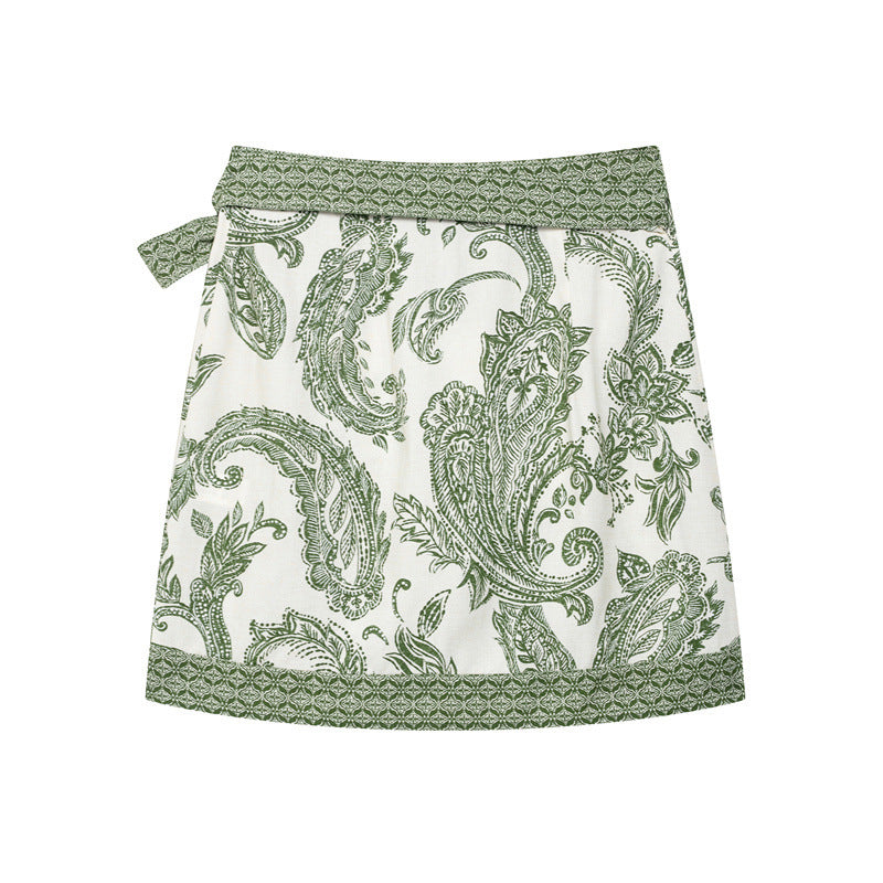 American Style Lace-up Bow Decorative Printed Sarong Skirt