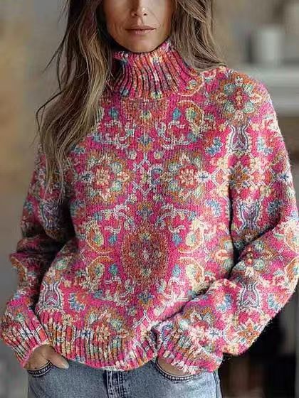 Womens Floral-Print Turtleneck Sweater