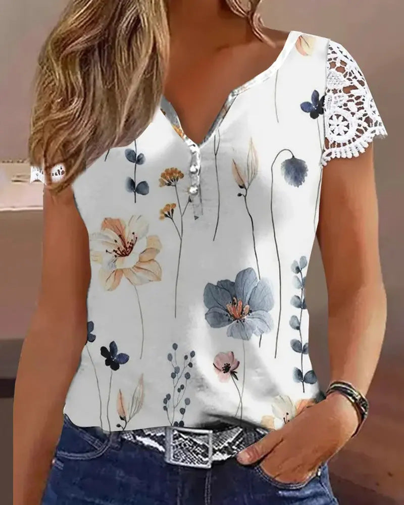 Womens Printed Short-Sleeve Patchwork Lace T-Shirt