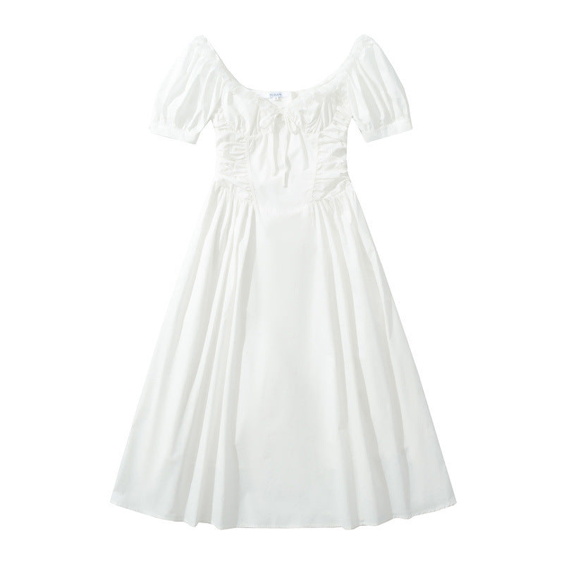 French Style High-grade Square Collar Pleated Slim-fit Drawstring Waist Dress