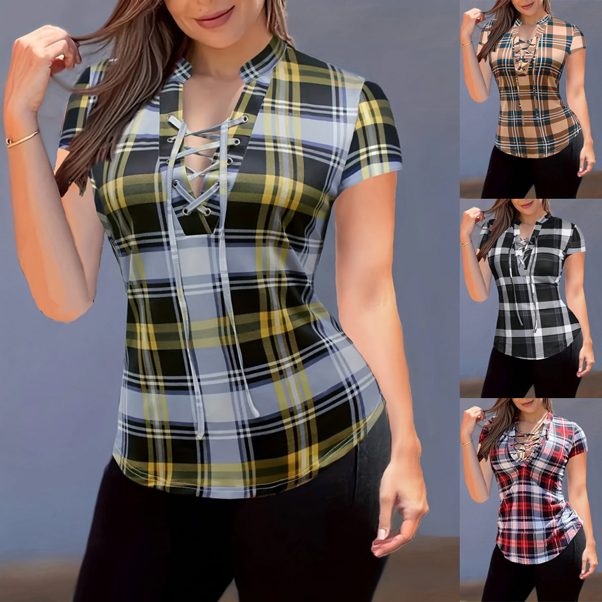 Womens Plaid Printed Stand Collar Chest-Tie Slim-Fit Top