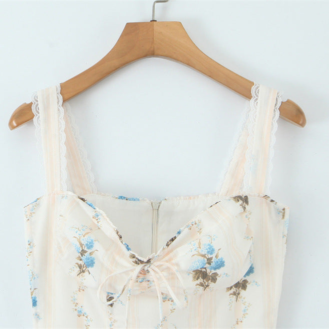 Elegant Cotton Printed Fishbone Waist Trimming Spaghetti Straps Tank Dress