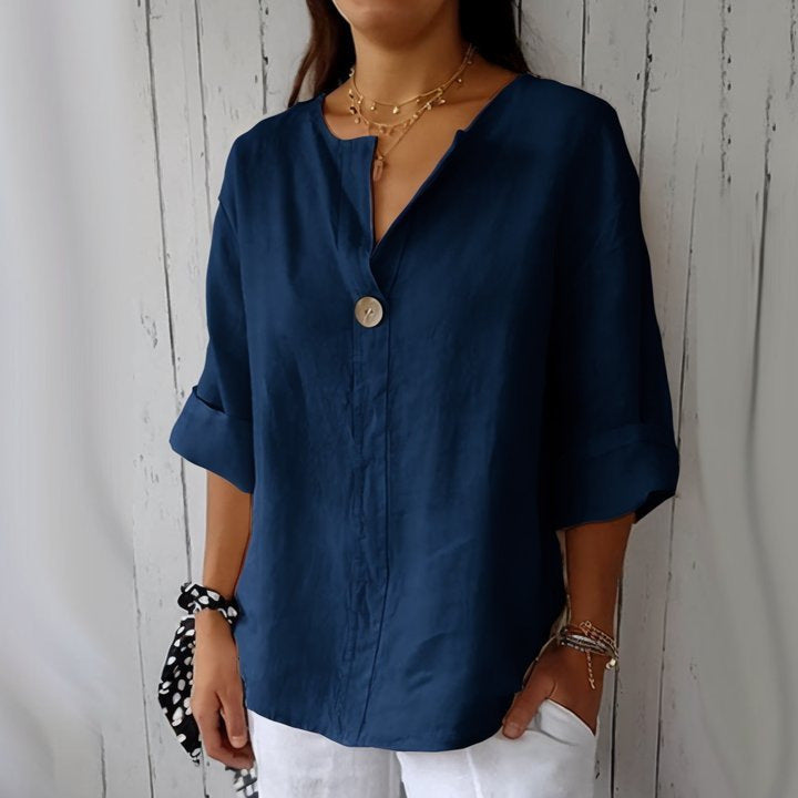 Summer New Loose T-shirt Women's V-neck Solid Color Button Three-quarters Sleeve Top