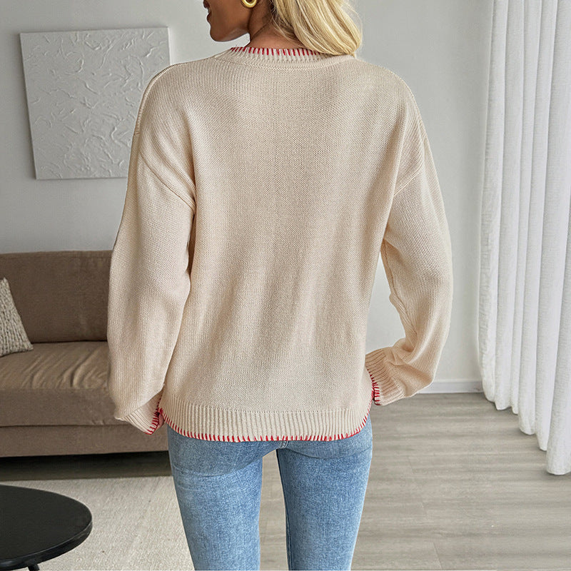 European And American Contrast Color Animal Pattern Crew Neck Pullover Sweater Female