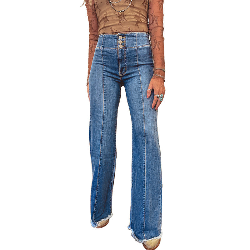 Trendy Slim-fit High-waist Solid-color Ripped Hem Jeans For Women