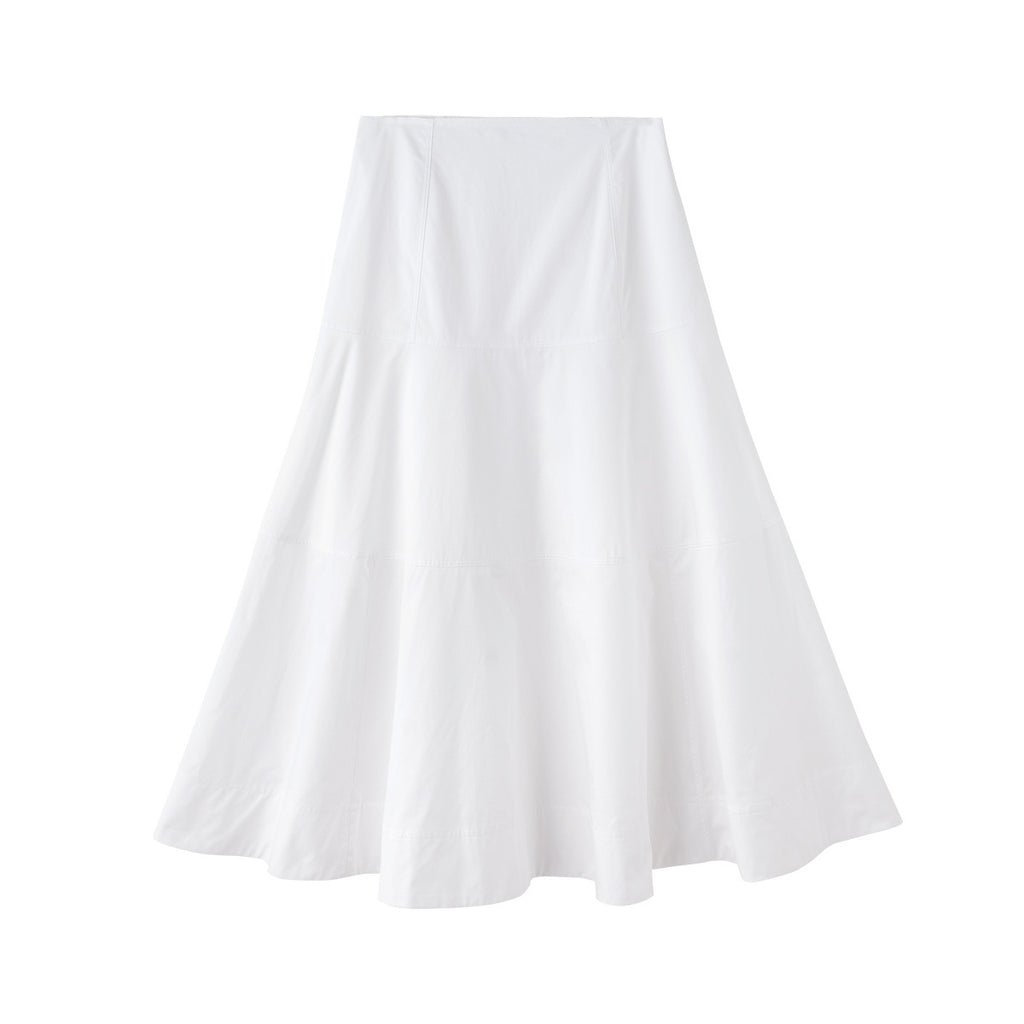 Women's White High Waisted Spliced Cotton Mid Length Skirt