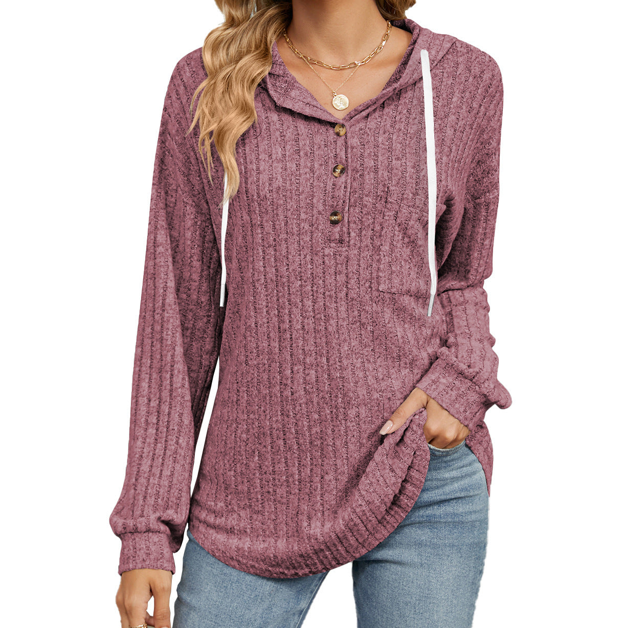 Button Hooded Pocket Loose Long Sleeve Sweatershirt Women