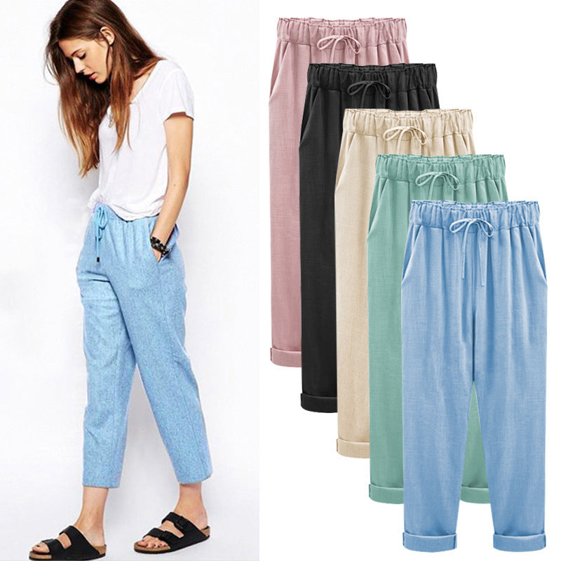 Spring And Summer Plus Size Cotton And Linen Pants, Women's Cropped Pants Loose And Thin