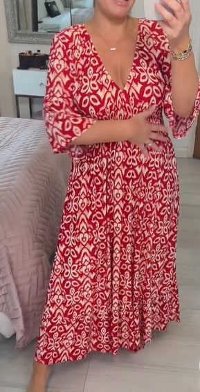 New Plus Size Super Fairy V-neck Floral Dress For Beach Vacation, Loose Long Skirt