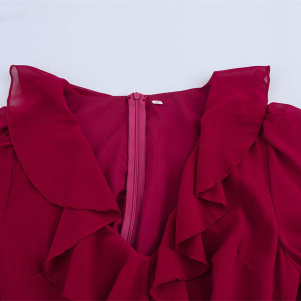 Ruffled Decorative V-neck Chiffon Waist Dress