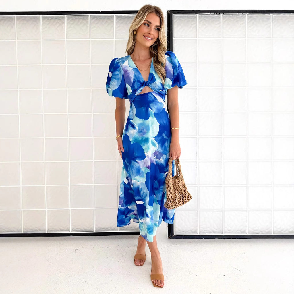 Puff Sleeve Long Dress Printed V-neck Hollow Out