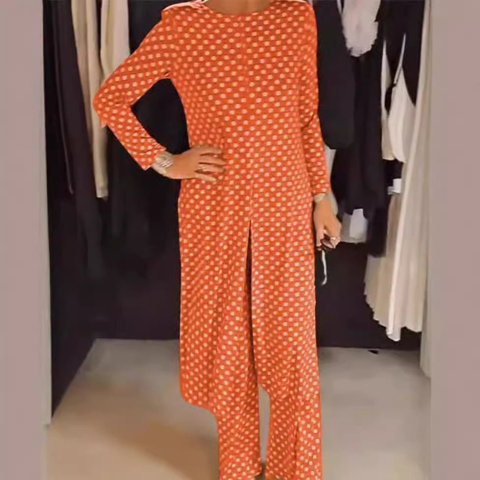 Round Neck Long Sleeve Split Polka Dot Trousers Casual Suit Women