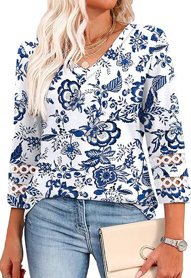 Solid Color Loose V-neck 34 Sleeves Women