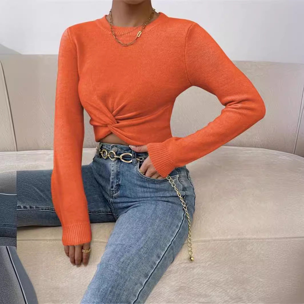 Round Neck Design Cross Knitted Top Sweater For Women