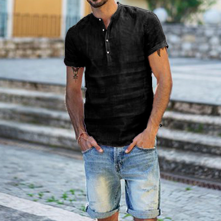 Stand collar cotton linen short sleeve shirt