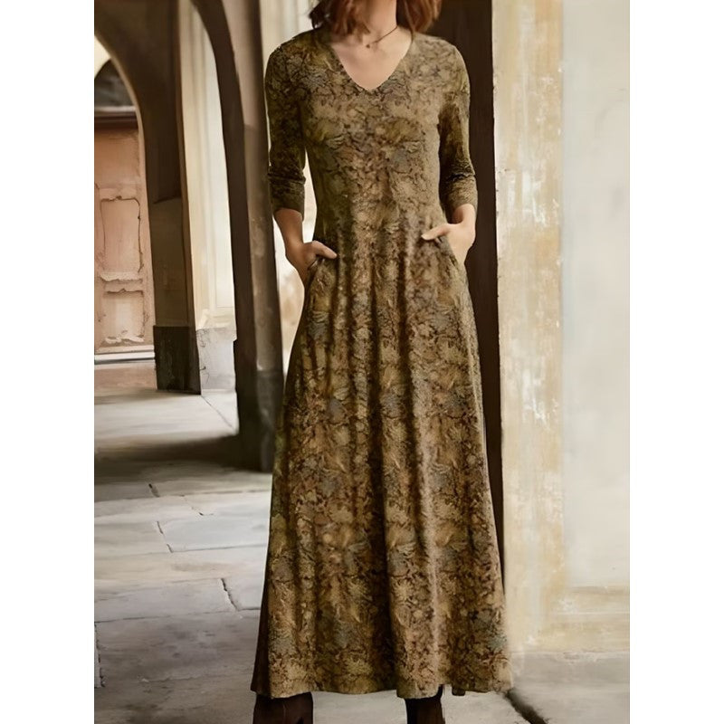Women's Cotton Printed V-neck Pocket Long Sleeved Dress