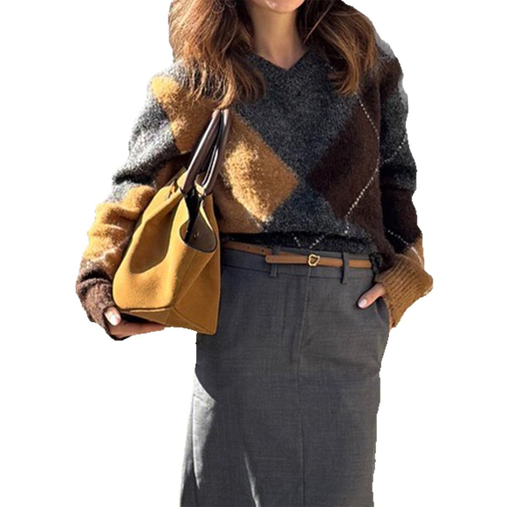 Fashionable Colorblock Long-Sleeve Knitted Sweater For Women