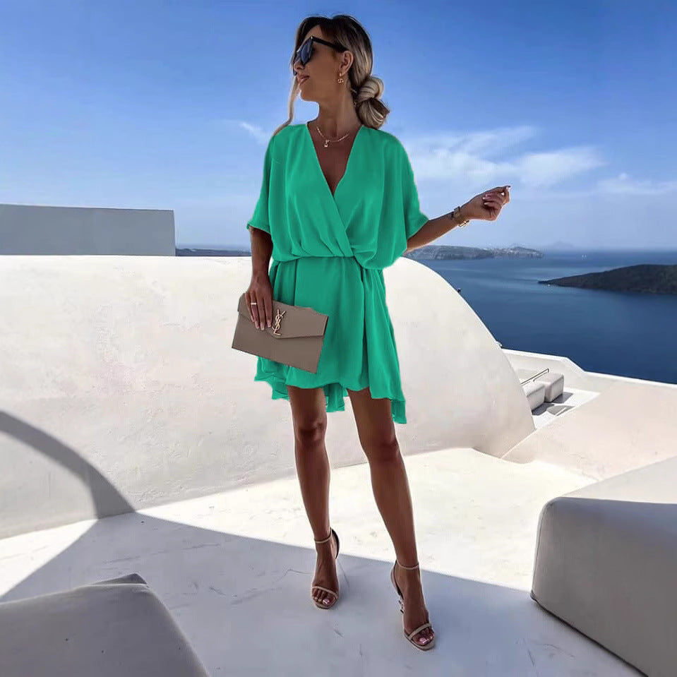 Waist V-neck Best Selling Women's Clothes Solid Color Dress