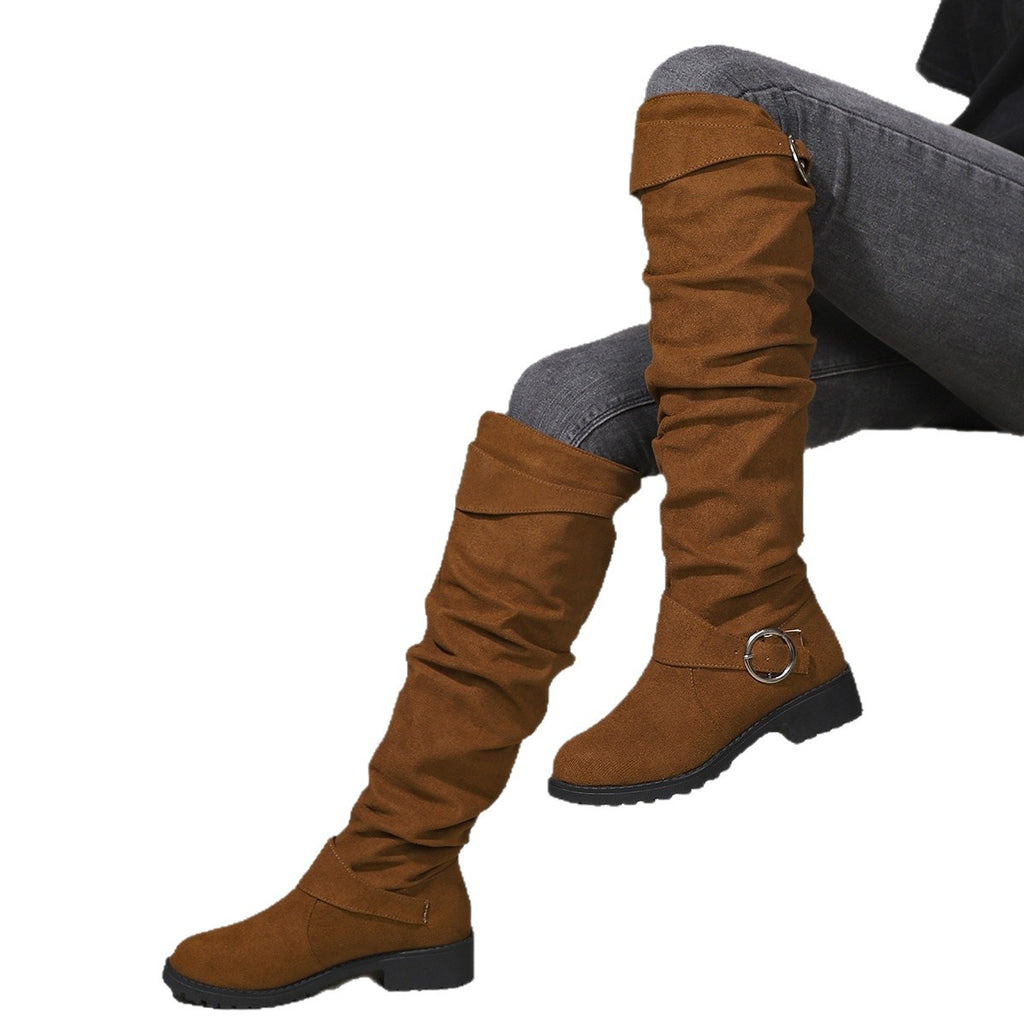 Winter Pleated Buckle High-top Large Size Riding Boots