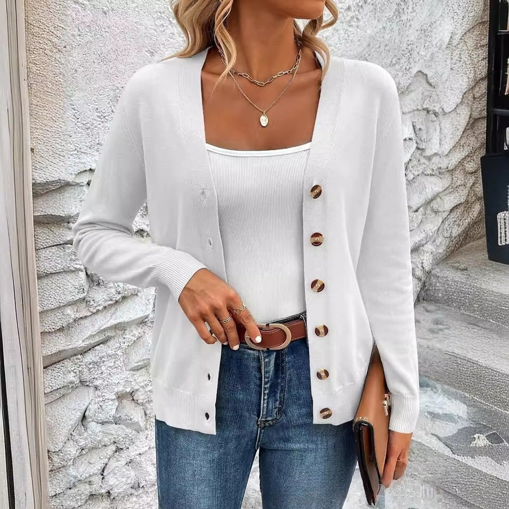 Women's Simple Solid Color Long-sleeved Sweater Cardigan