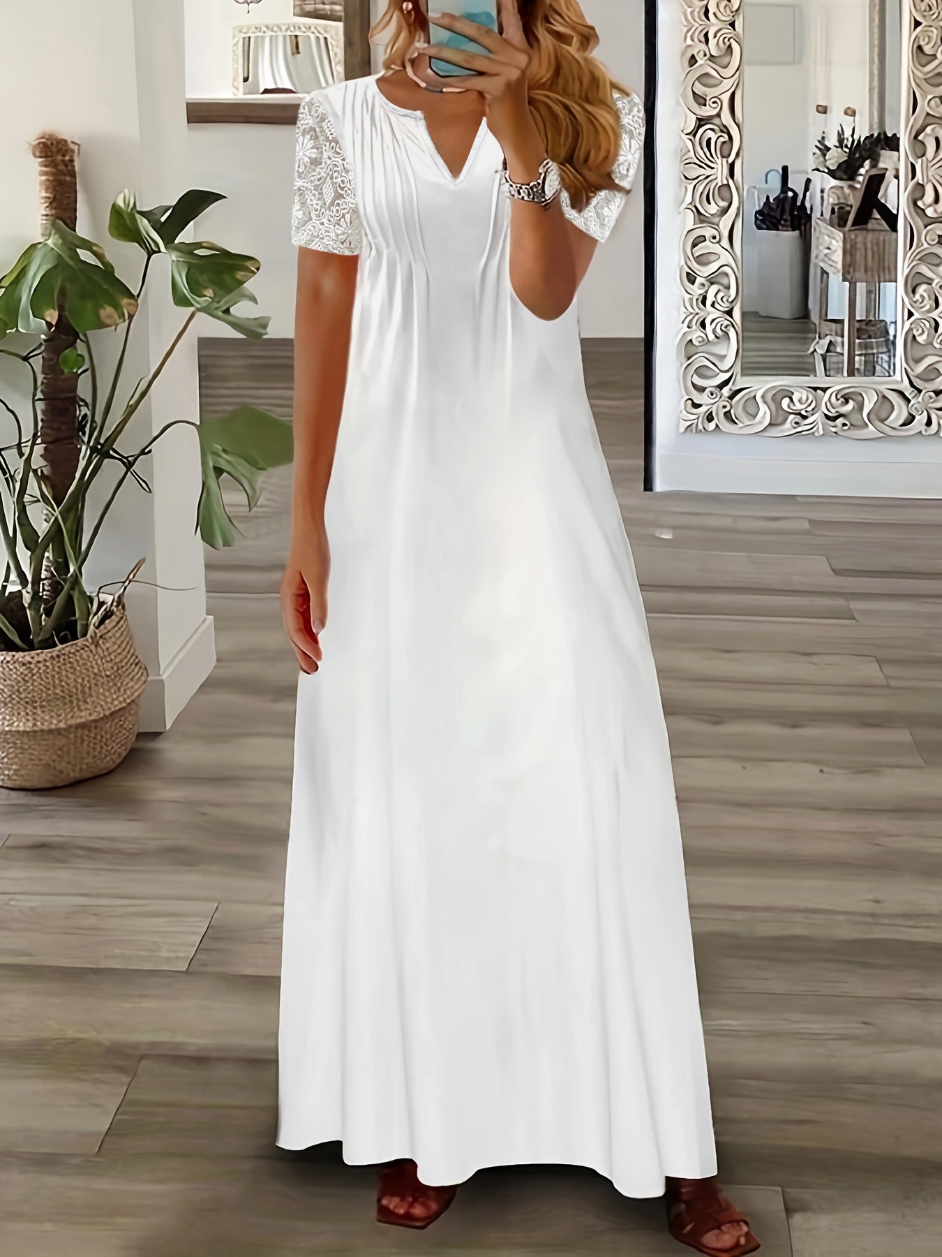 White Lace Ruffled Short Sleeves Hollow Dress