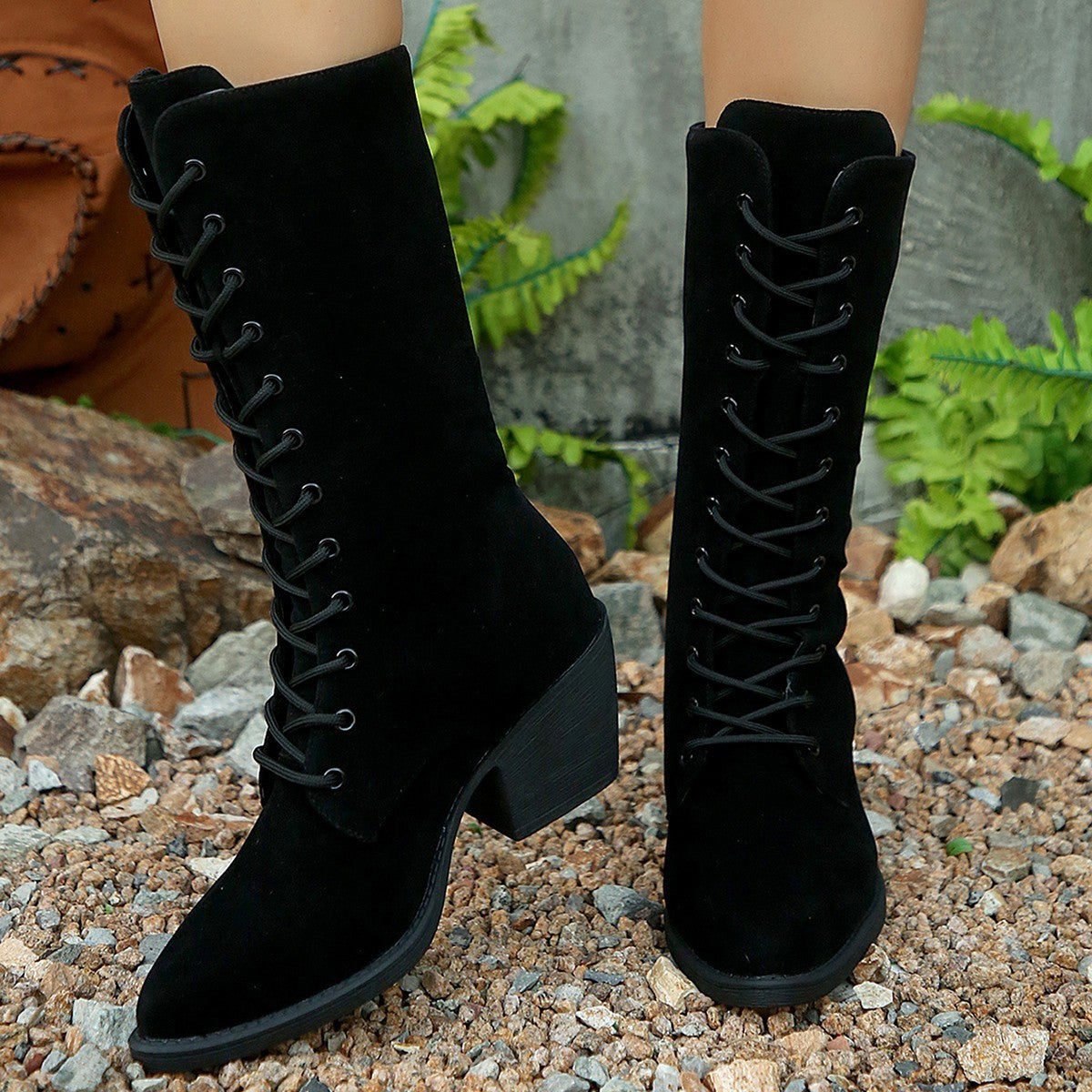 Mid-calf Fashion Suede Lace-up Pointed Chunky Heel Women's Boots