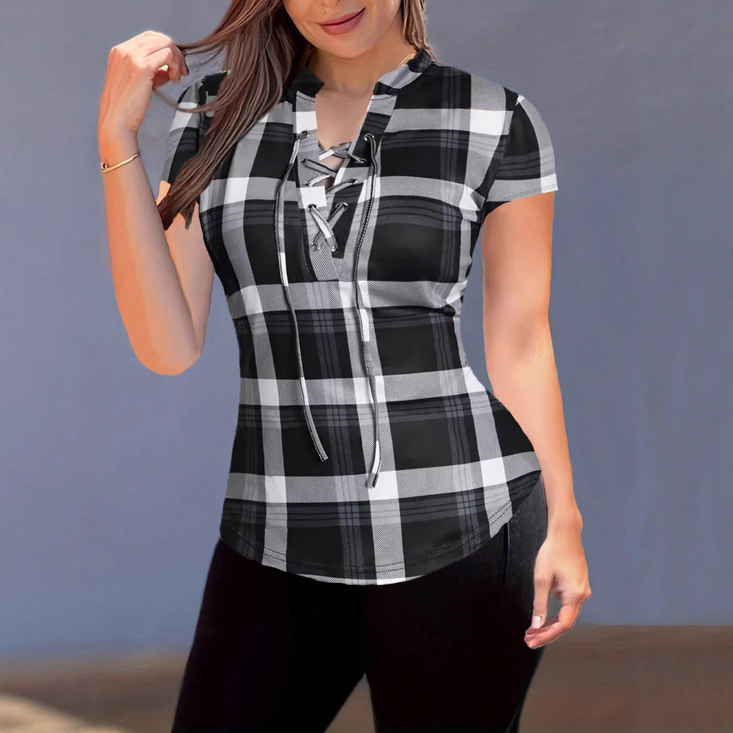 Womens Plaid Printed Stand Collar Chest-Tie Slim-Fit Top