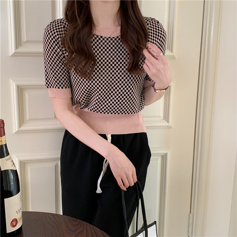 Womens Retro Plaid Color-Block Short-Sleeve Top