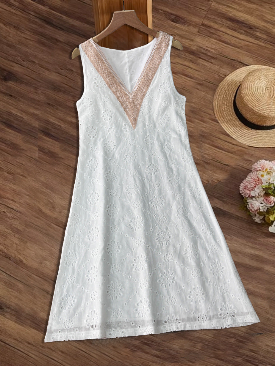 White Lace Ruffled Short Sleeves Hollow Dress
