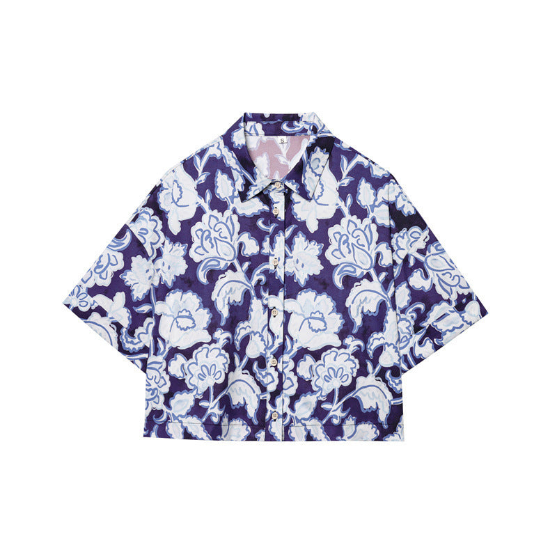 Flower Print Short Shirt Pants Suit