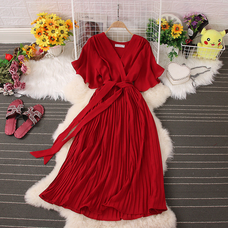 Below The Knee Slim Fit Temperament Waist-controlled Women's V-neck Short Sleeve Dress