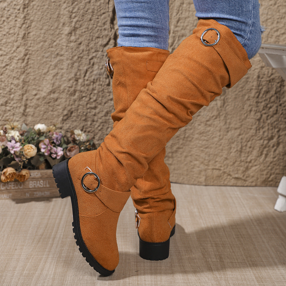 Winter Pleated Buckle High-top Large Size Riding Boots