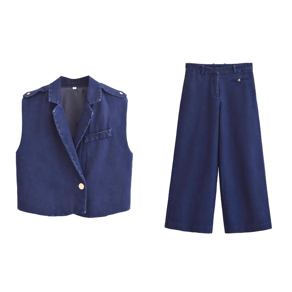 European And American Women's Clothing Denim Suit Vest Jacket Pants Suit