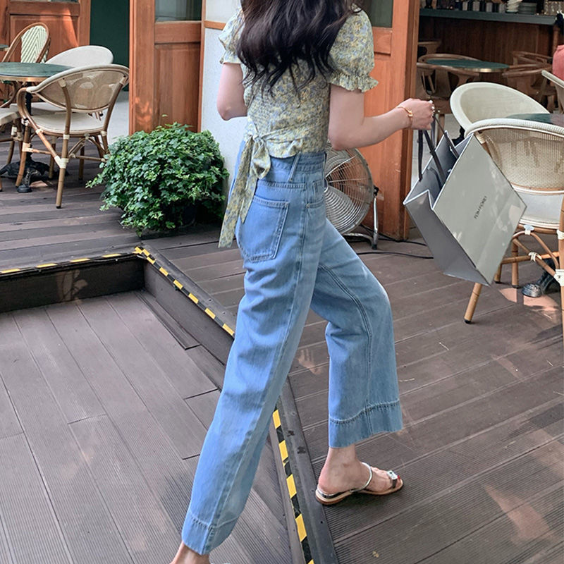 Retro Washed Loose Straight High Waist Slim Nine-point Outfit For Summer