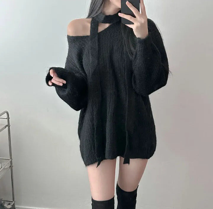 V-neck Halter Ribbon Loose And Lazy Style Mid-length Sweater