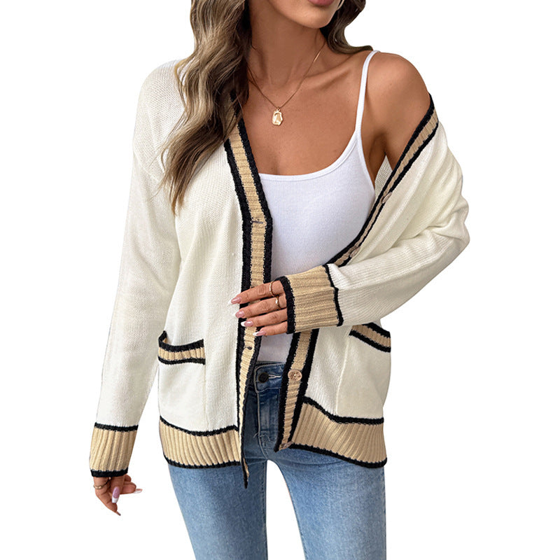Loose V-collar Contrast Color Sweater Cardigan For Women