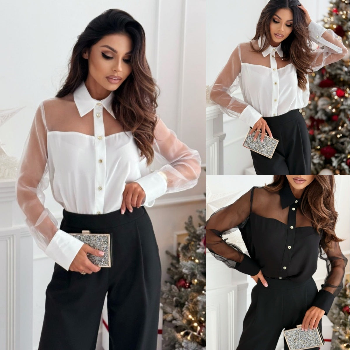 Elegant Solid Color Polo Collar Long Sleeve Mesh Stitching Shirt For Women