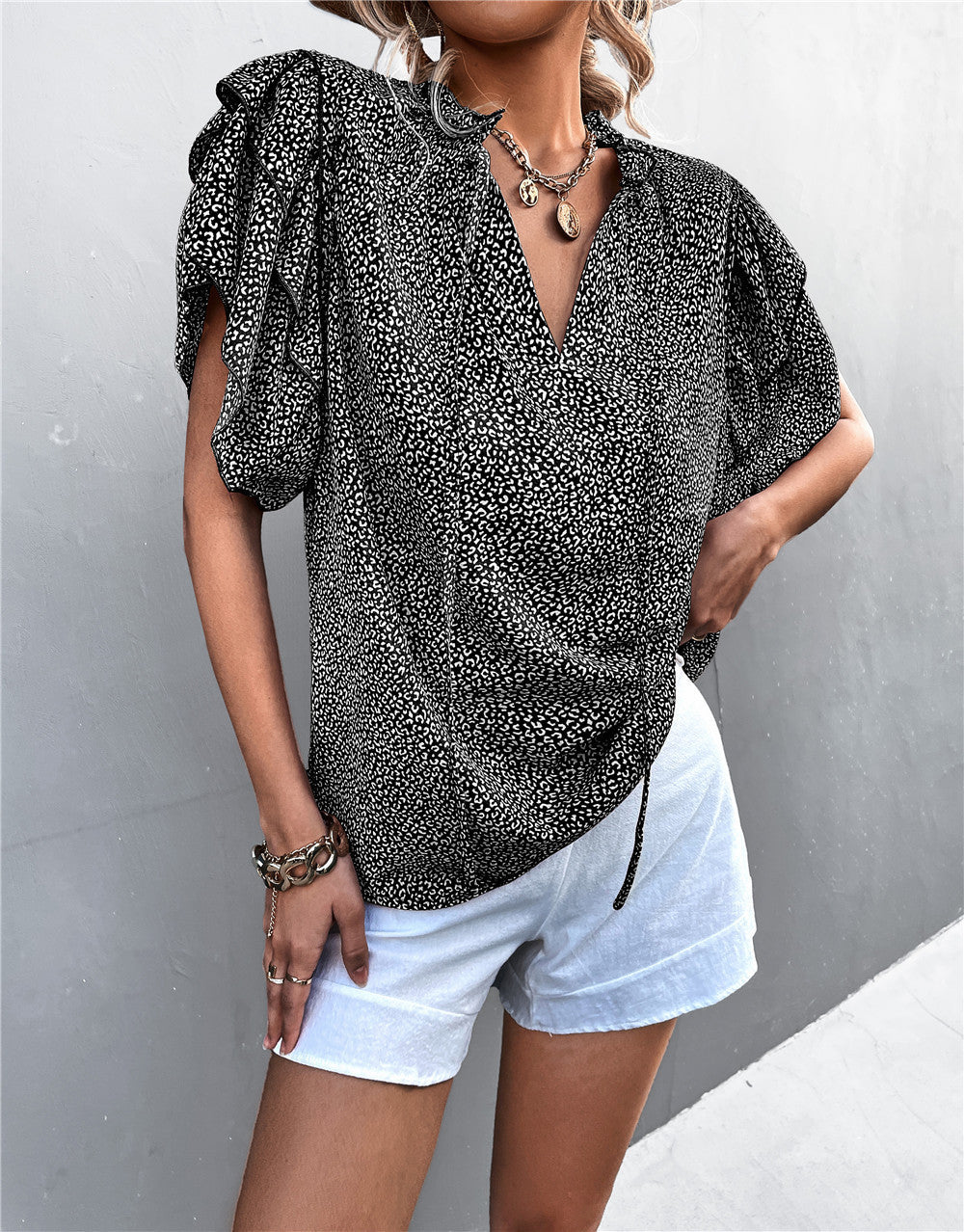 Tied V-neck Leopard Print Top Casual T-shirt