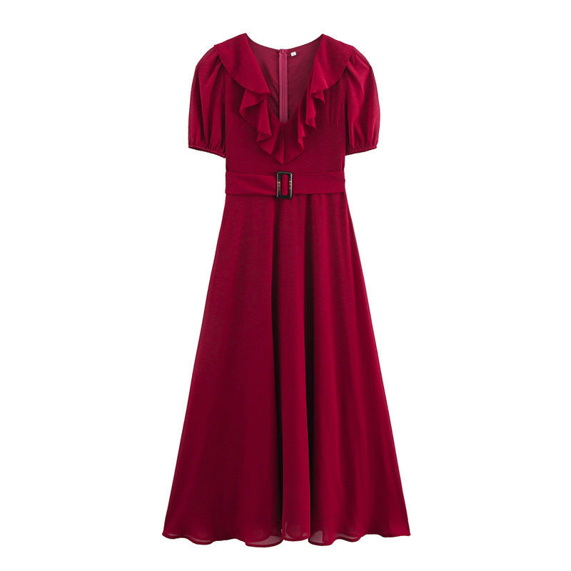 Ruffled Decorative V-neck Chiffon Waist Dress