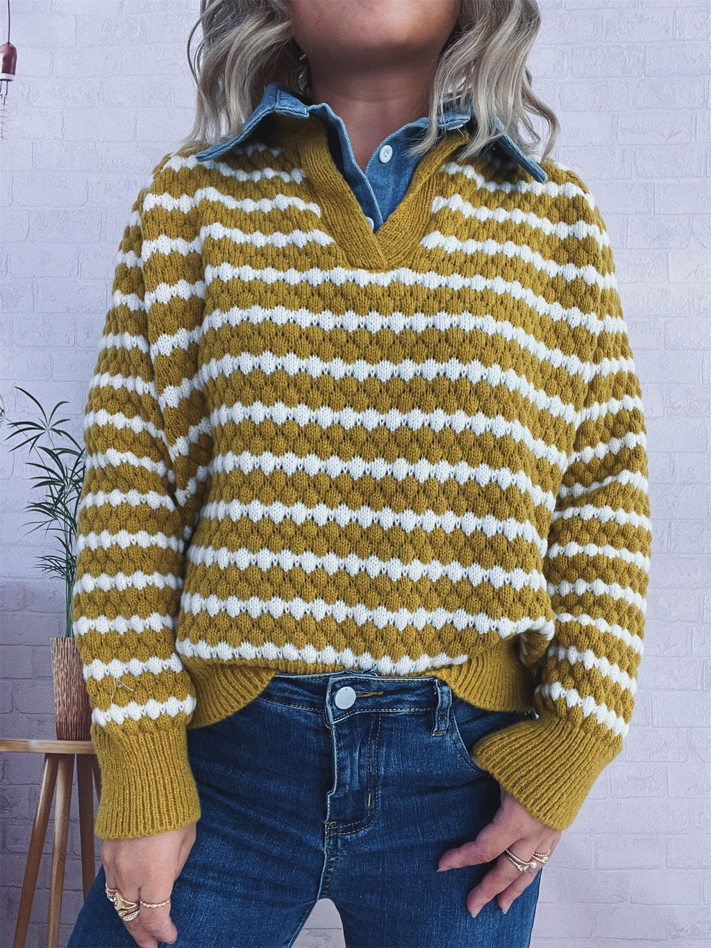 Women's Denim Patchwork Lapel Knitted Stripe Color Block Fake Two-piece Sweater