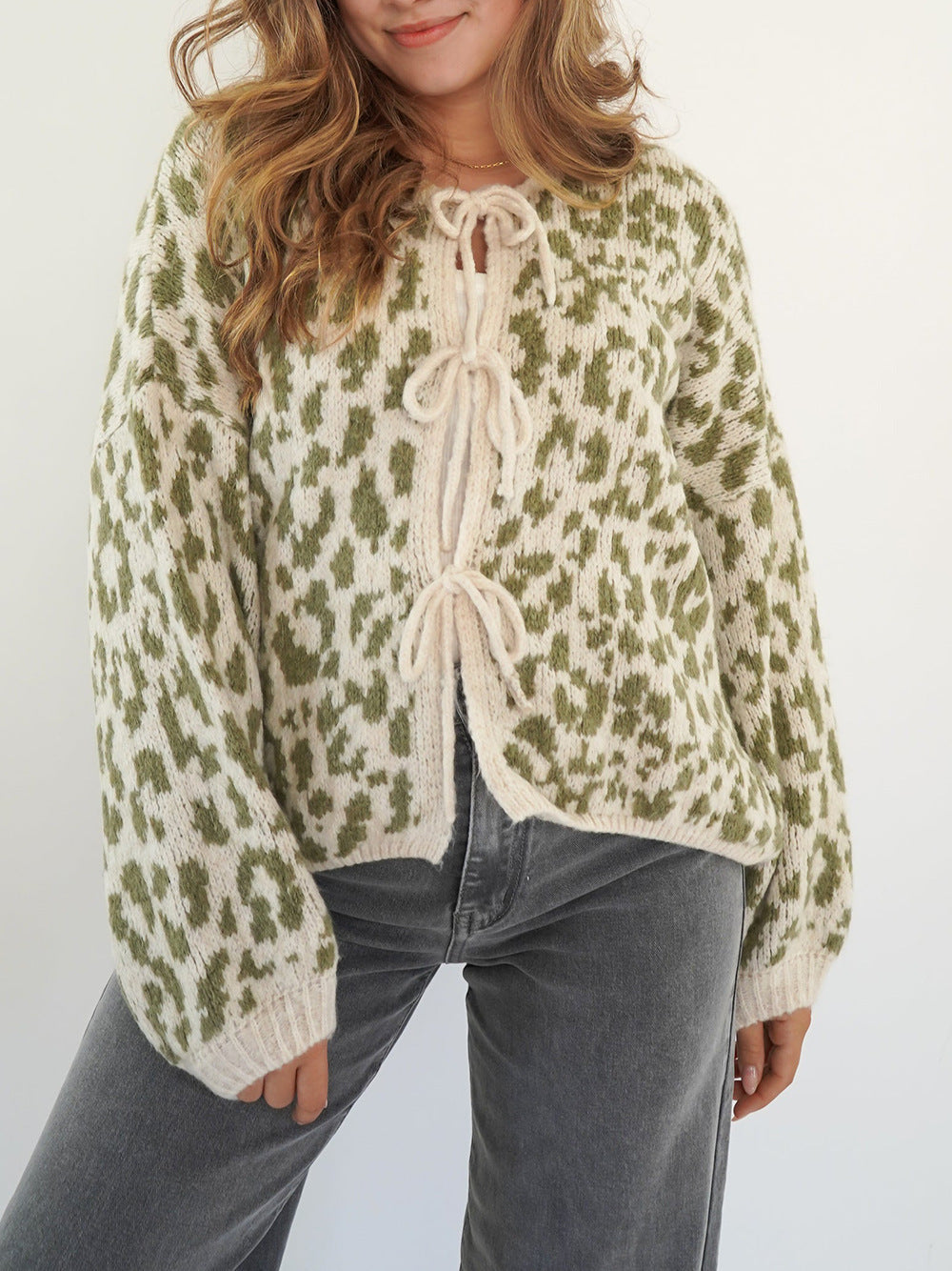 Round Neck Tied Leopard Print Knitted Cardigan Sweater