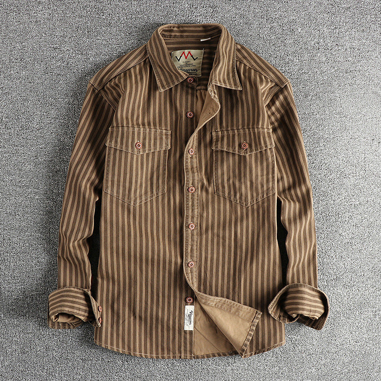 American Retro Trend Stripes Men's Long-sleeved Shirt Woven Cotton Washed Comfort And Casual Overalls