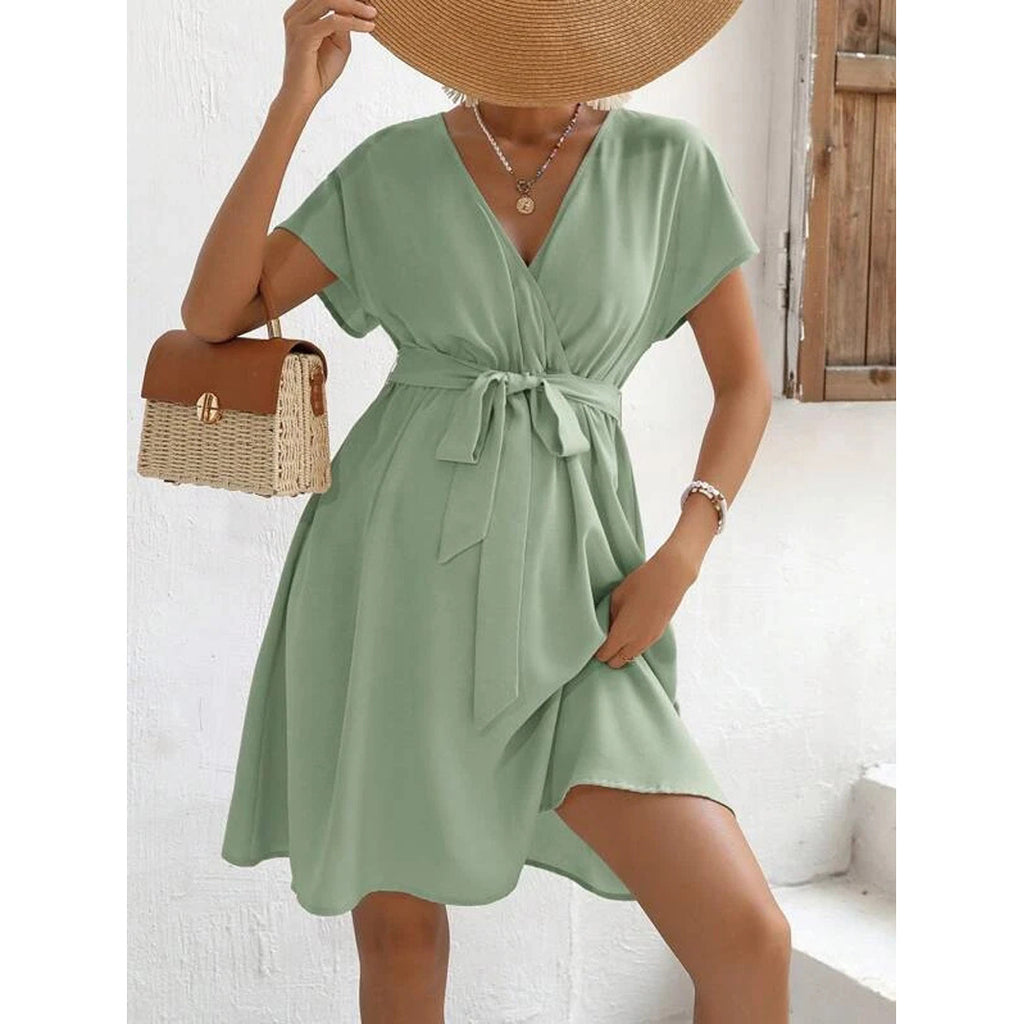V-neck Batwing Sleeve Belt Decorative Casual And Comfortable Fashion Dress