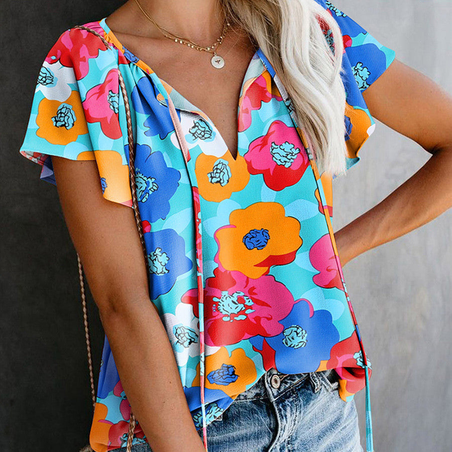 Floral Print Drawstring V-neck Short Sleeve