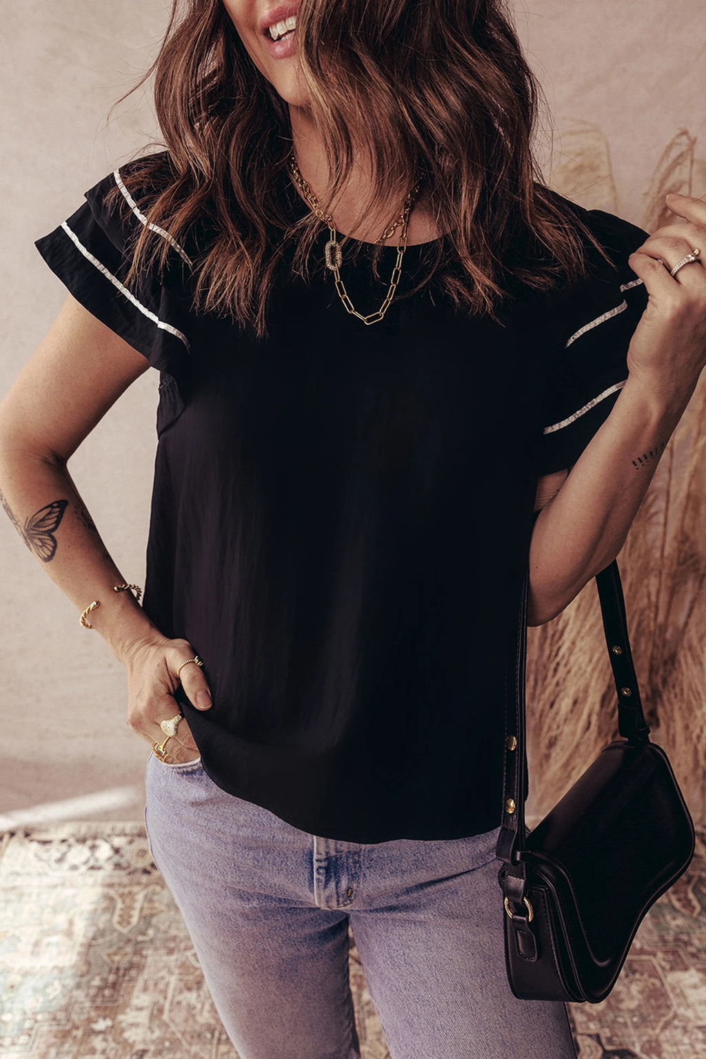 Black Contrast Trim Dual Ruffle Short Sleeve Textured Blouse