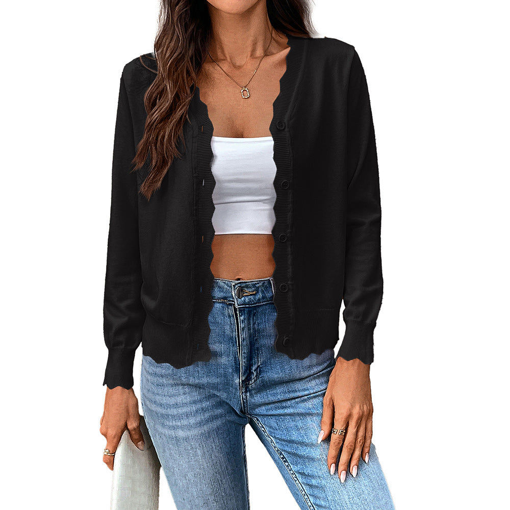 V-neck Long-sleeved Knitted Cardigan Pure Color Ice Silk Coat For Women