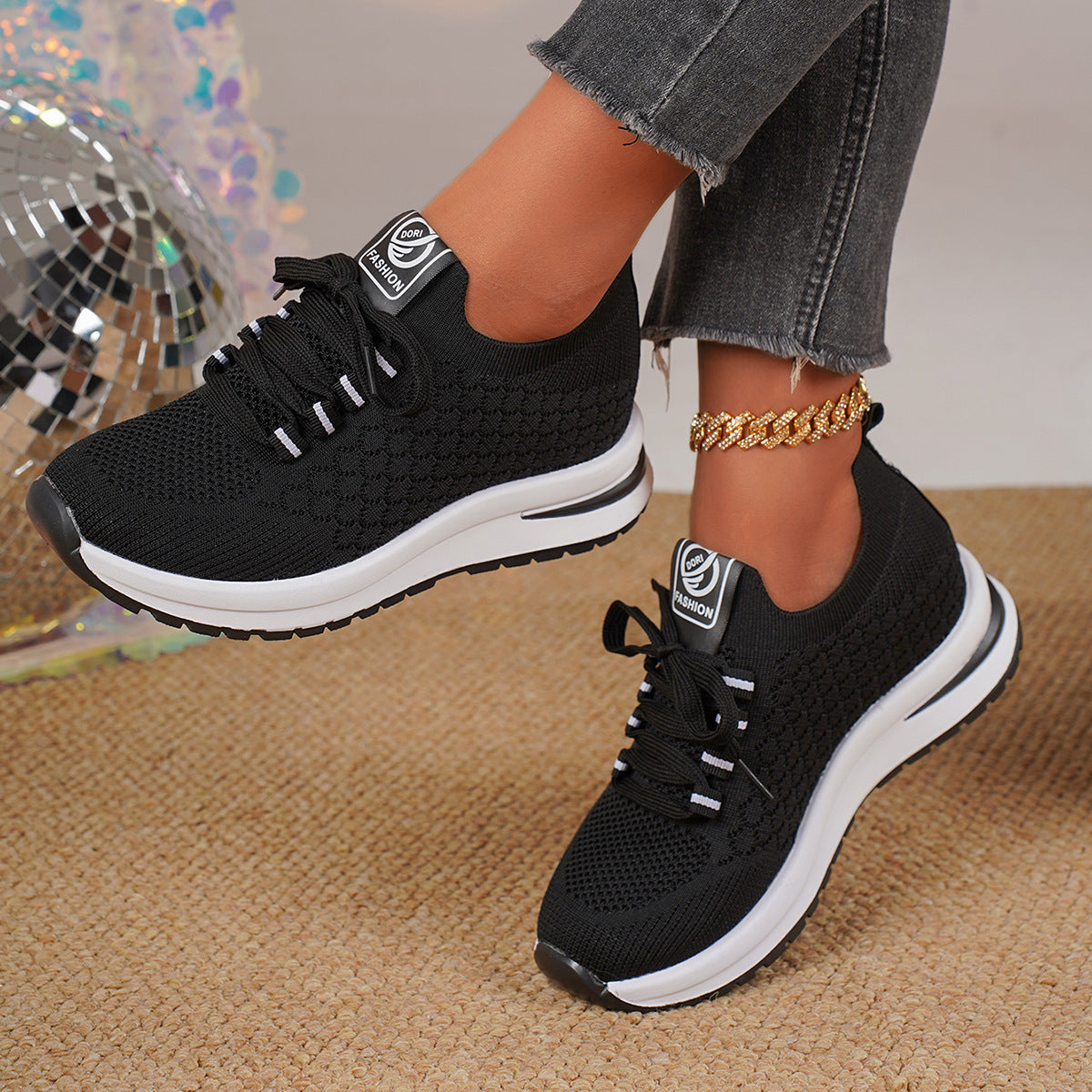 Plus Size Fashion Platform Flat Pumps Women's Casual Lace Up Mesh Sneaker