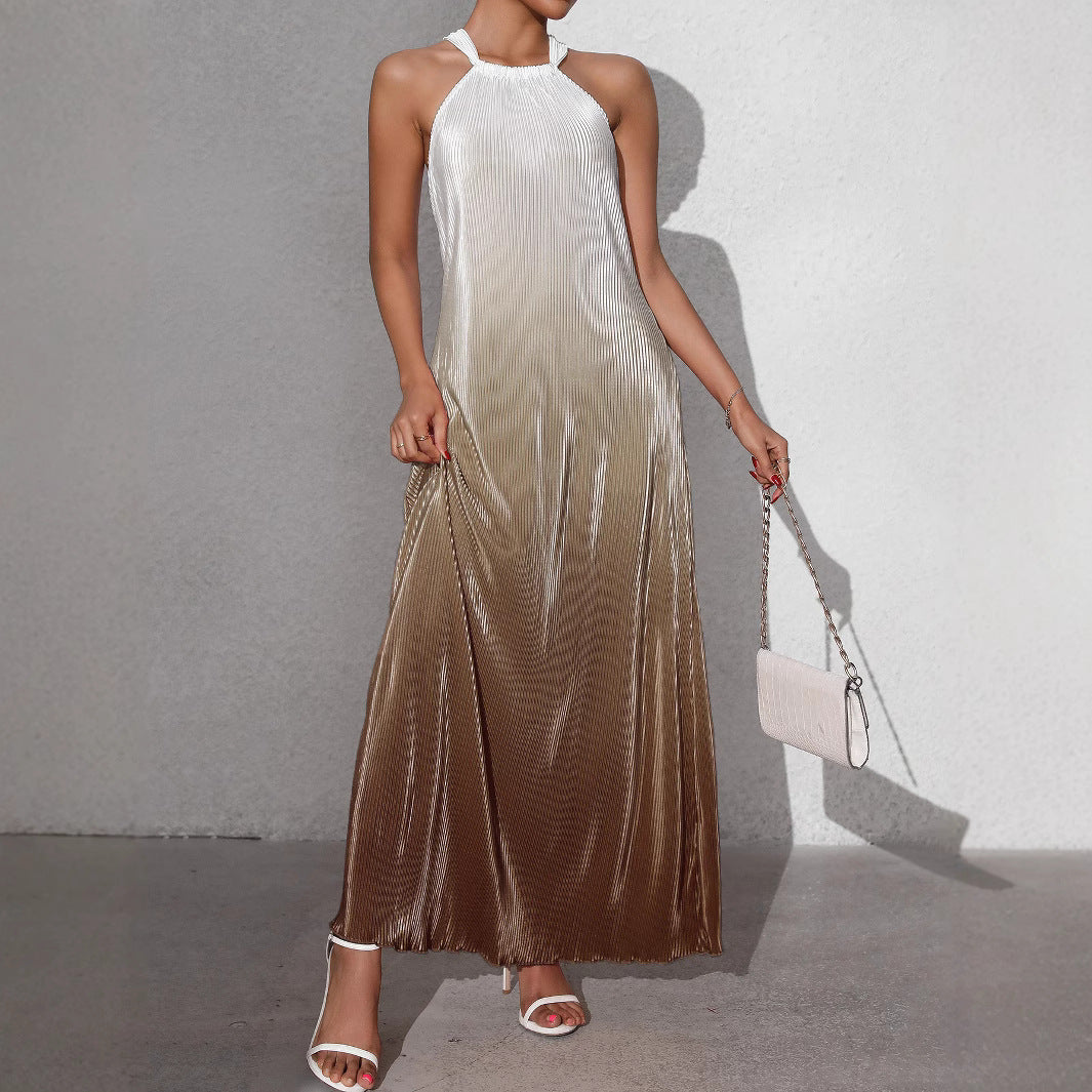 Womens Gradient-Color Fashionable Sexy Backless Halter Dress