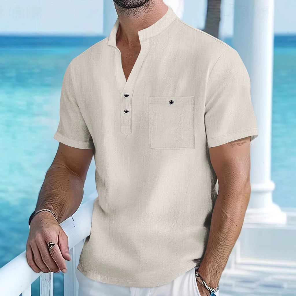 Stand Collar T-shirt Linen Short Sleeve Shirt Men