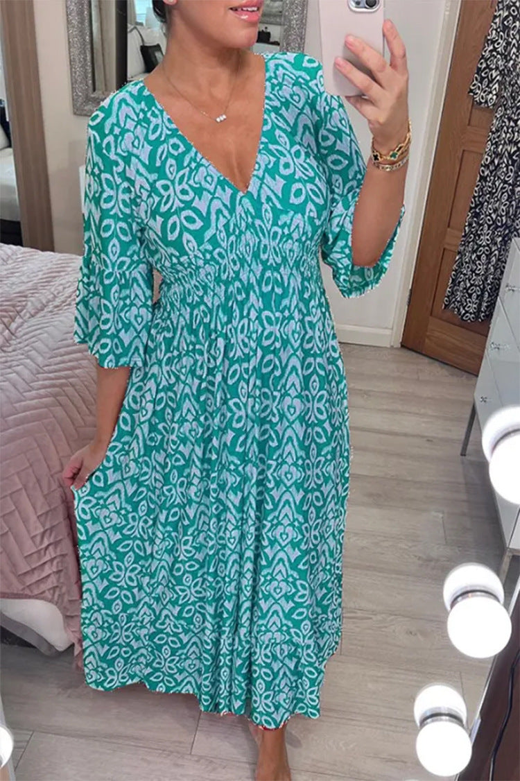 New Plus Size Super Fairy V-neck Floral Dress For Beach Vacation, Loose Long Skirt